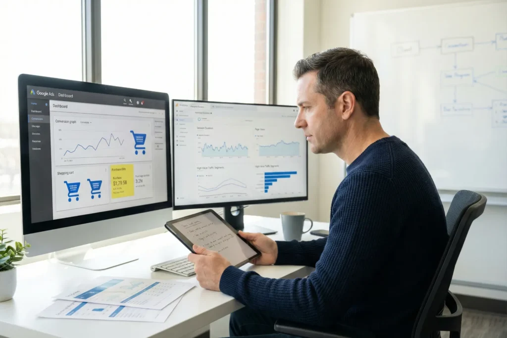 A man sits at a desk and compares conversion tracking dashboards across two monitors. The office scene shows Ads benefits through clear analytics visuals and campaign optimisation data.