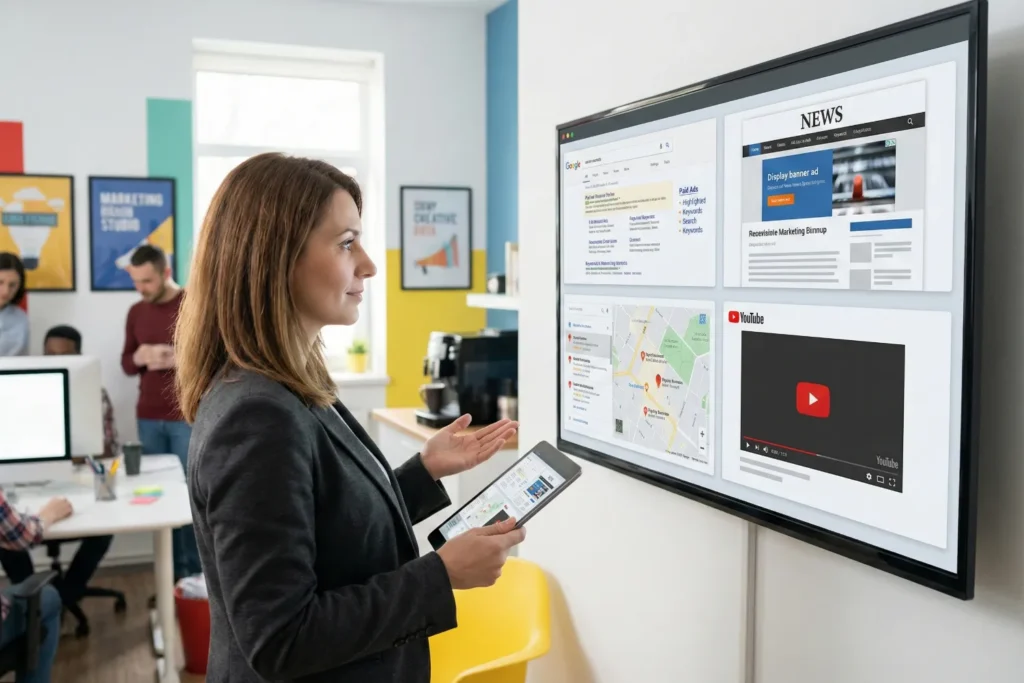 A woman stands in a marketing studio and reviews different Google Ads formats on a large digital screen. The workspace shows search, local, display, and video campaign visuals in a realistic business setting.