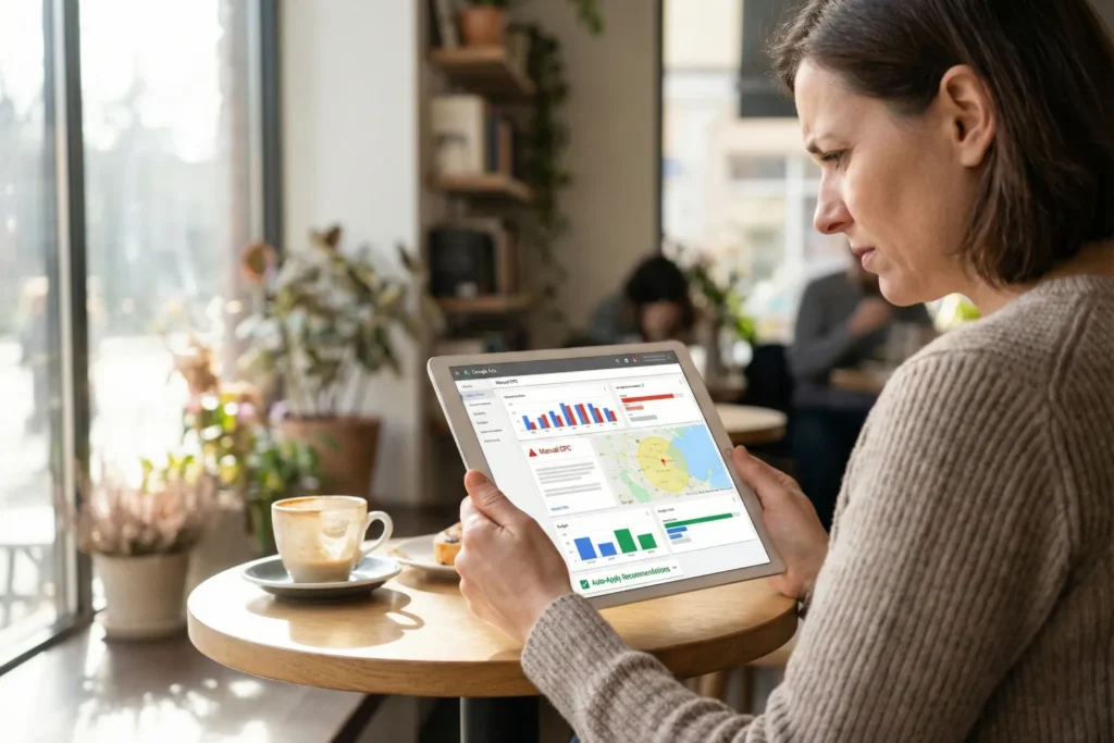 A woman sits at a cafe table while checking advertising campaign settings on a tablet, highlighting common Google Ads mistakes such as wasted spend and poor targeting. The image shows a coffee cup, a digital device, and a relaxed workspace that contrasts with the seriousness of managing ad budgets.