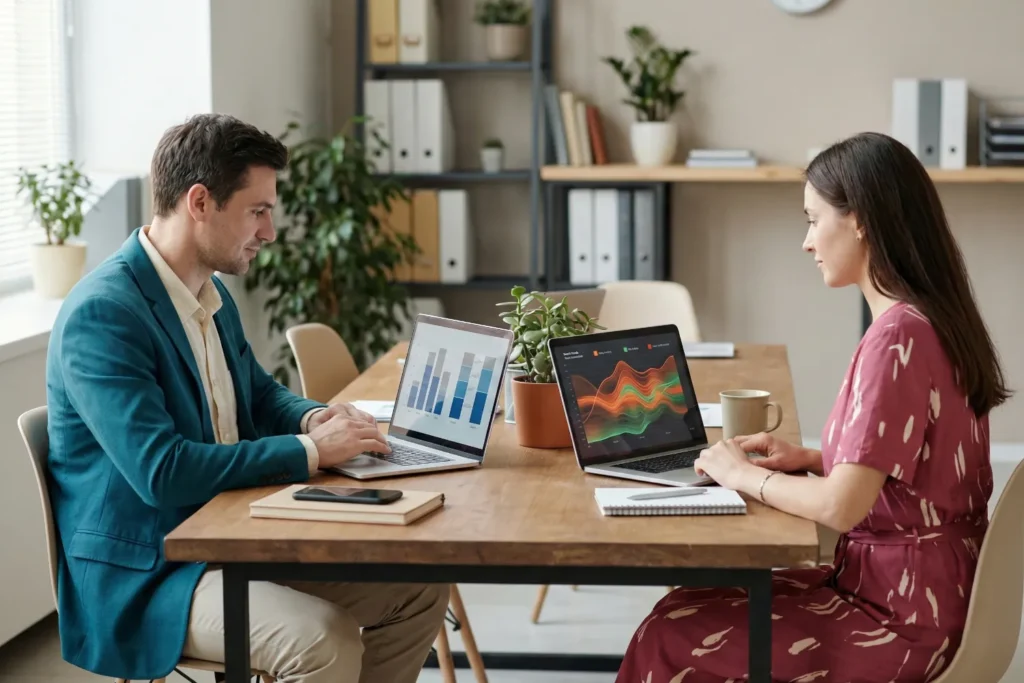 Two marketers are comparing intent data and demographic data on laptops.