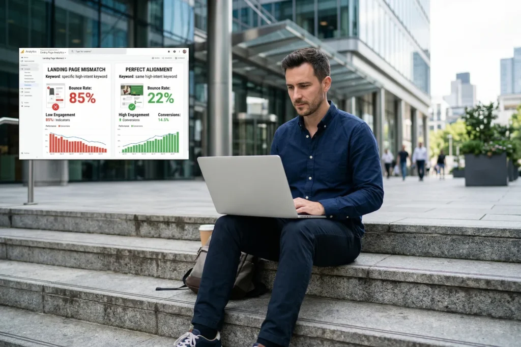 A man sits on outdoor steps while reviewing landing page performance linked to keyword intent on a laptop. The modern building behind him appears clean and realistic.