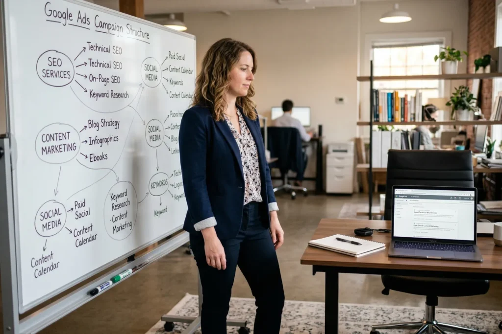 A woman stands near a whiteboard that shows structured keyword groupings for different services. The office looks simple and organised with clear visual separation.