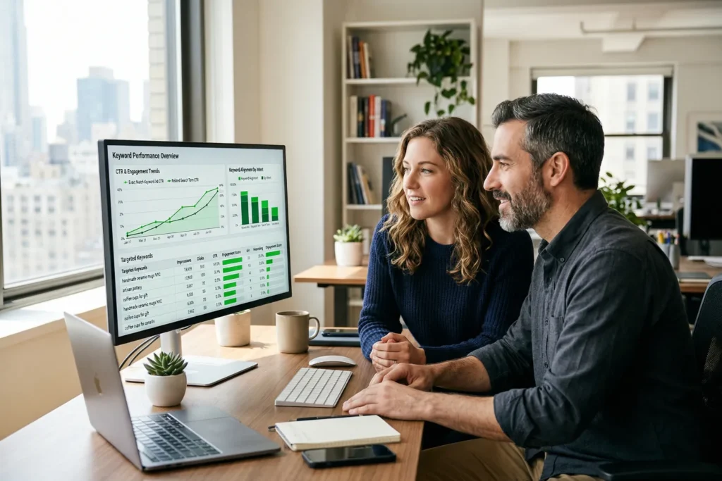 A man and woman analyse Ads keywords alongside rising click-through rate graphs on a large screen. The office feels bright with clear digital visuals and organised equipment.