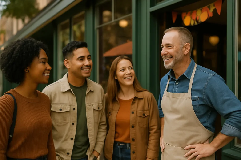 Local business owner engaging nearby customers happily