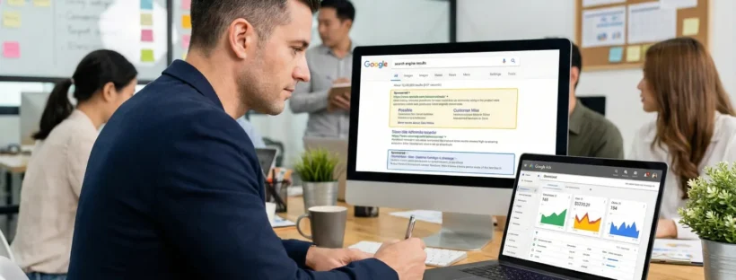 A man sits at a desk in a modern office and studies campaign charts on two screens. The scene shows Google Ads benefits through realistic marketing performance visuals and a confident workspace.