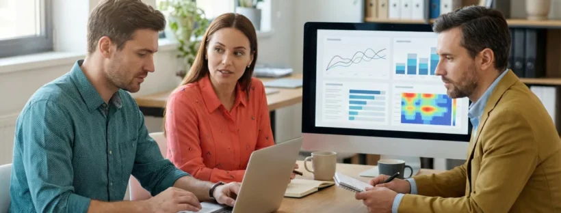 A marketing team is reviewing intent targeting ad performance data in an office.