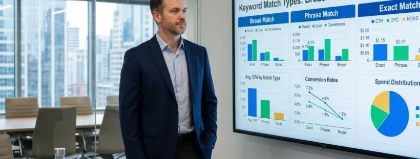 A man stands in a meeting room while reviewing Google Ads keyword match type comparisons on a large display. The space looks modern with a clear focus on digital marketing data.
