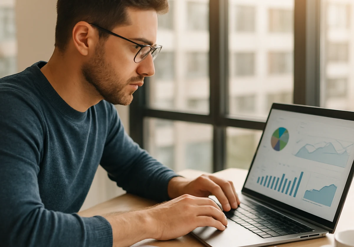 Digital marketer sitting at a desk in a bright modern office