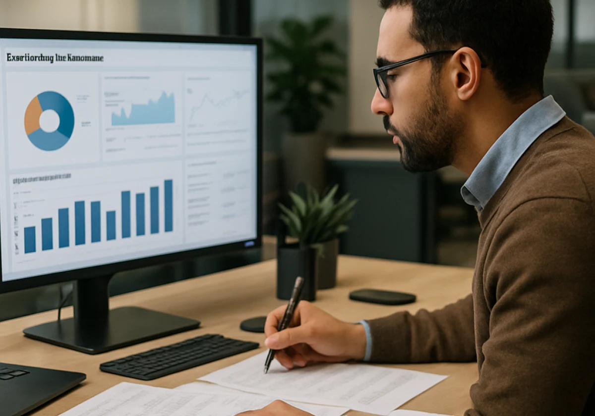 Marketing specialist at a corporate office desk reviewing performance