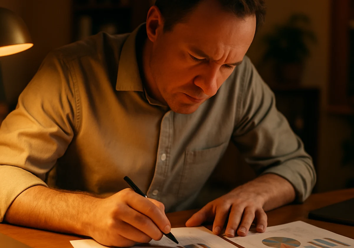 Business owner bent over their desk examining printed performance
