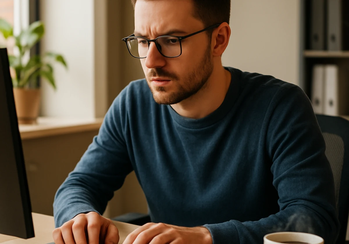Paid search specialist working intensely at an office desk