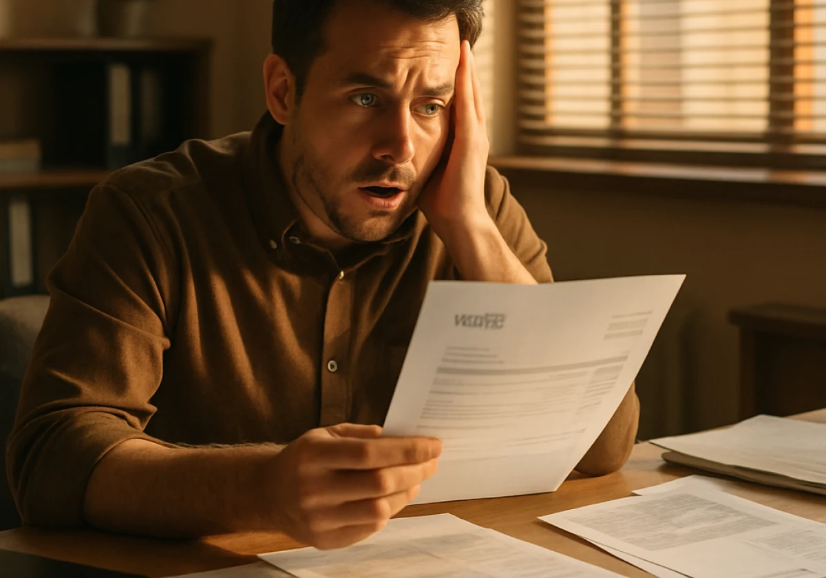 Small business owner sitting at their desk looking alarmed