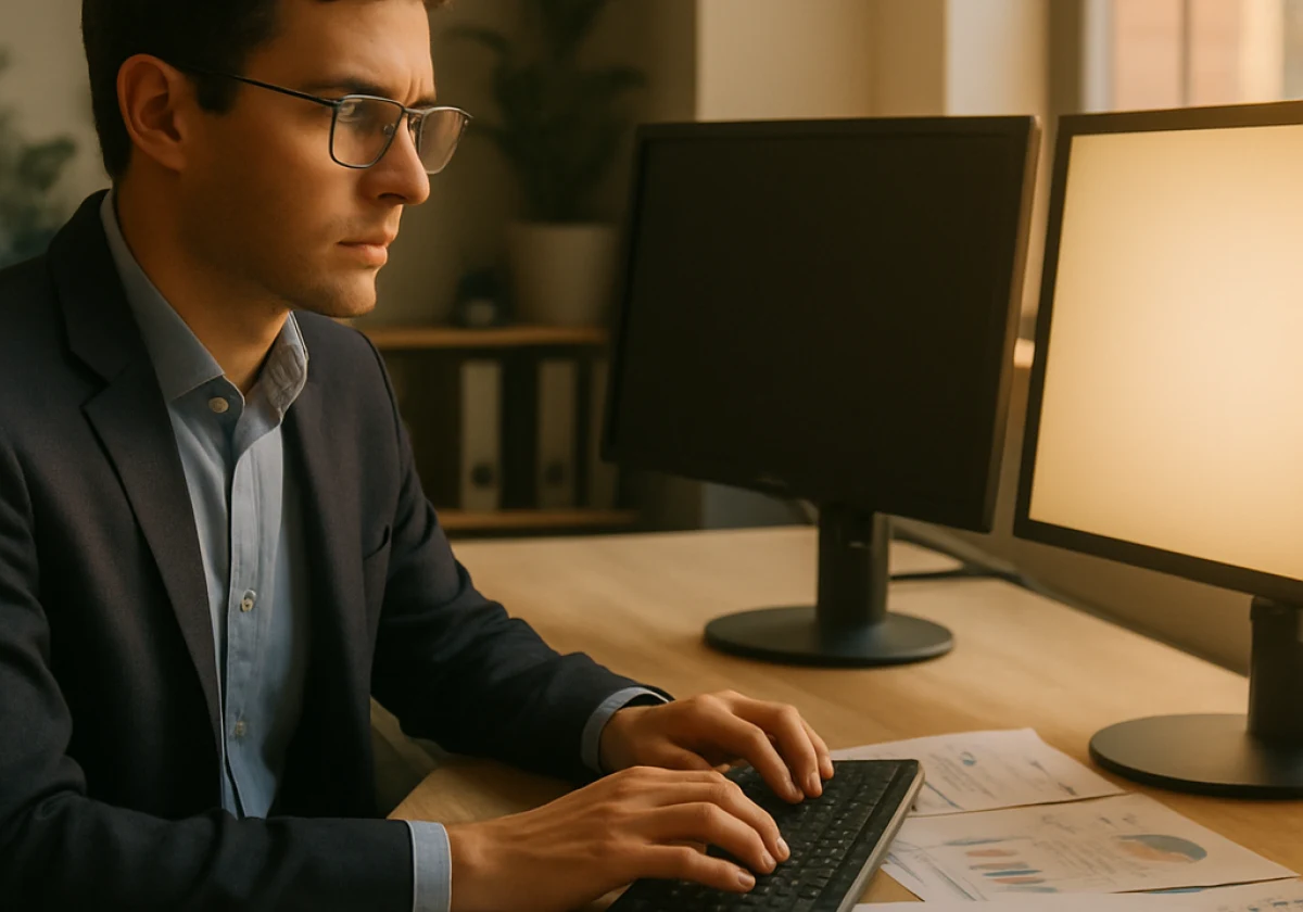 Marketing professional at a desk in morning light